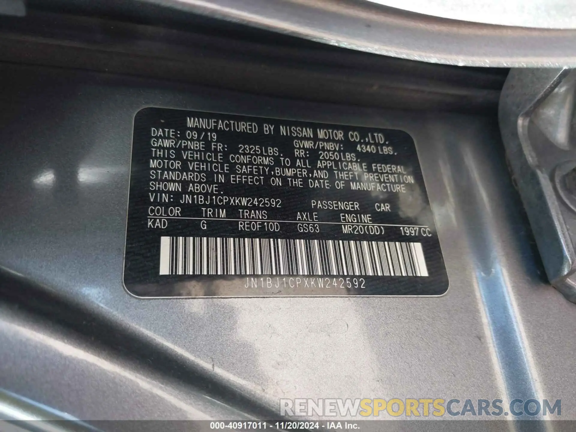 9 fotografías del automóvil dañado JN1BJ1CPXKW242592 NISSAN ROGUE SPORT 2019