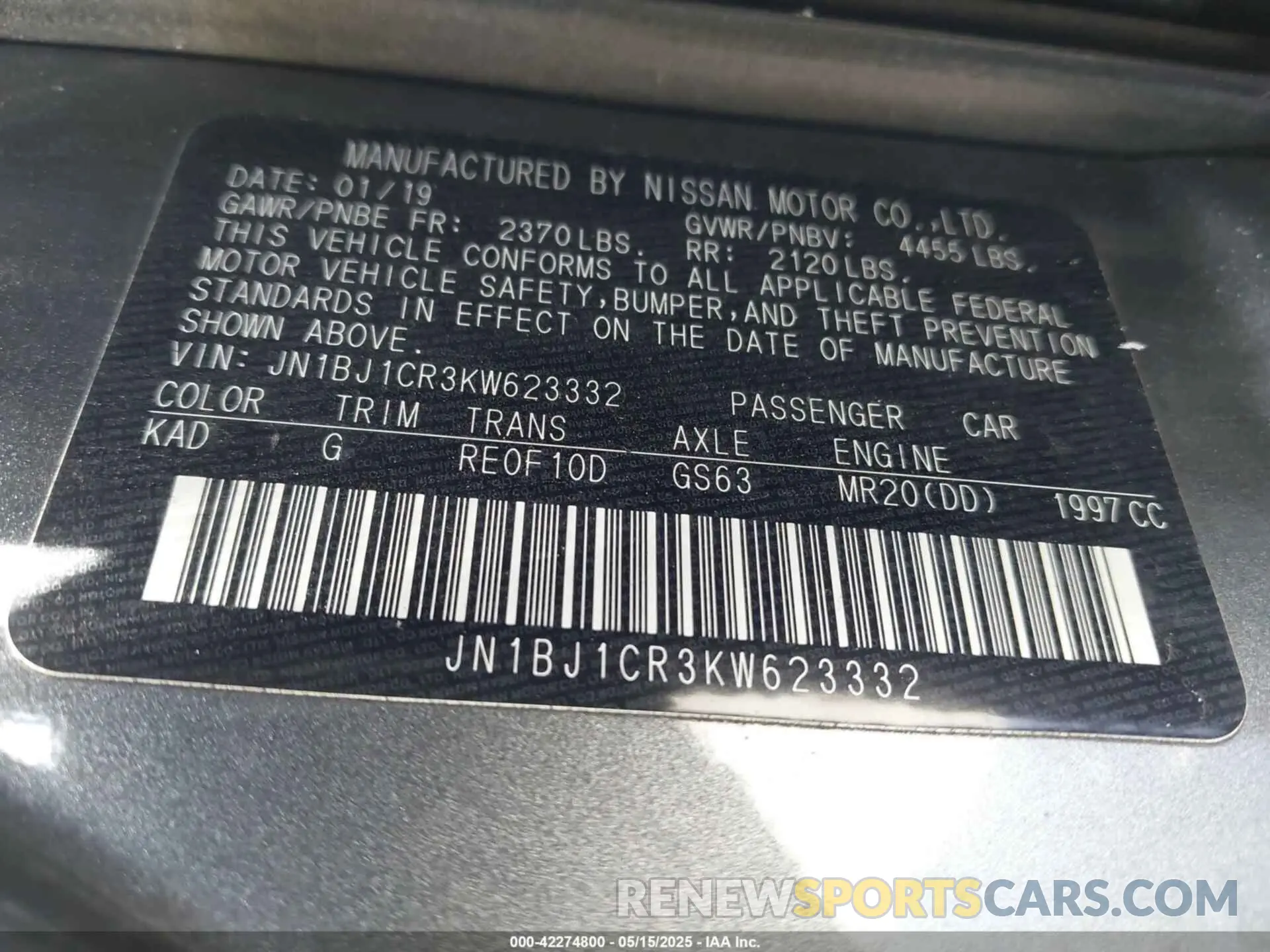 9 fotografías del automóvil dañado JN1BJ1CR3KW623332 NISSAN ROGUE SPORT 2019