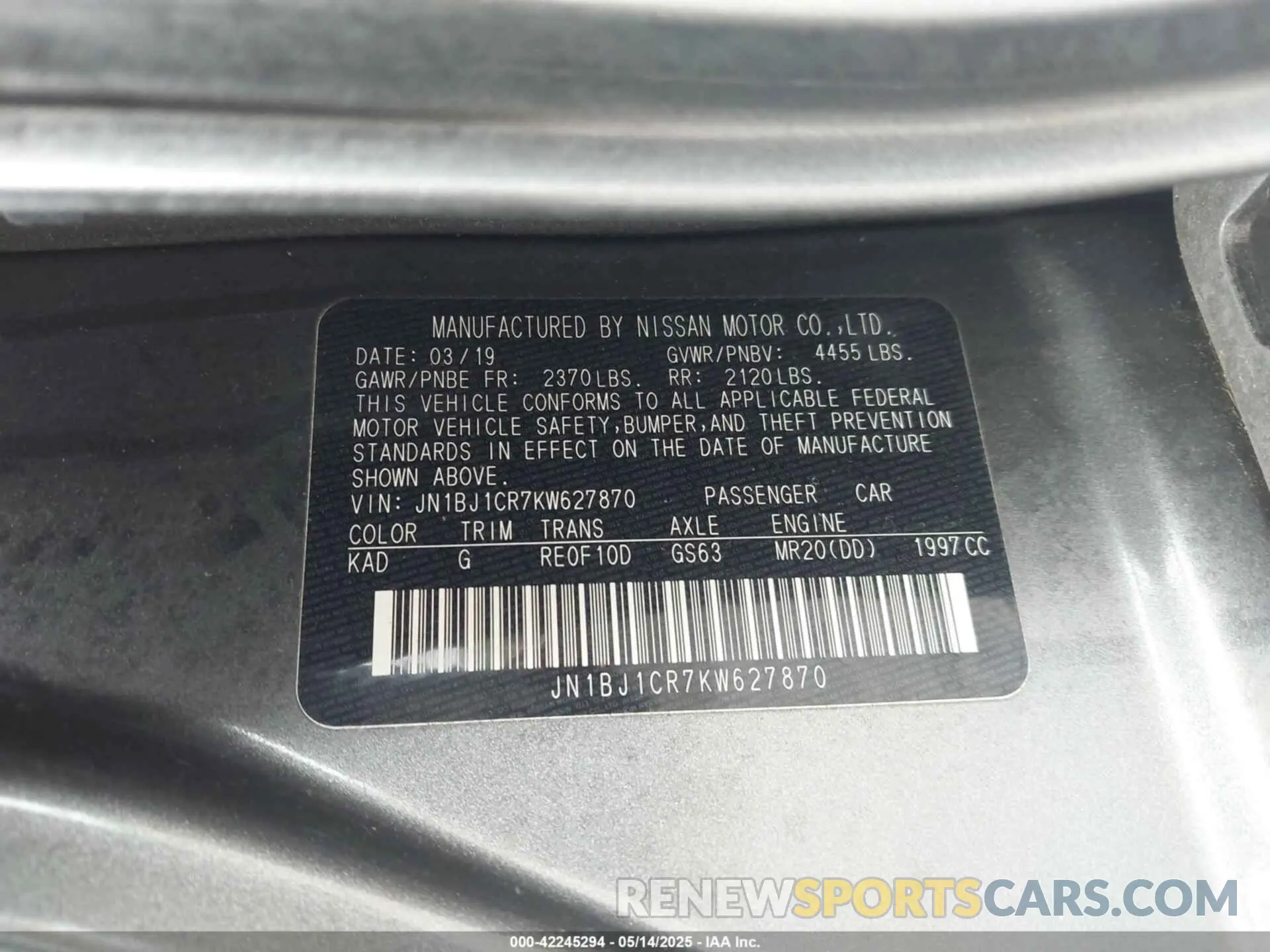 9 fotografías del automóvil dañado JN1BJ1CR7KW627870 NISSAN ROGUE SPORT 2019