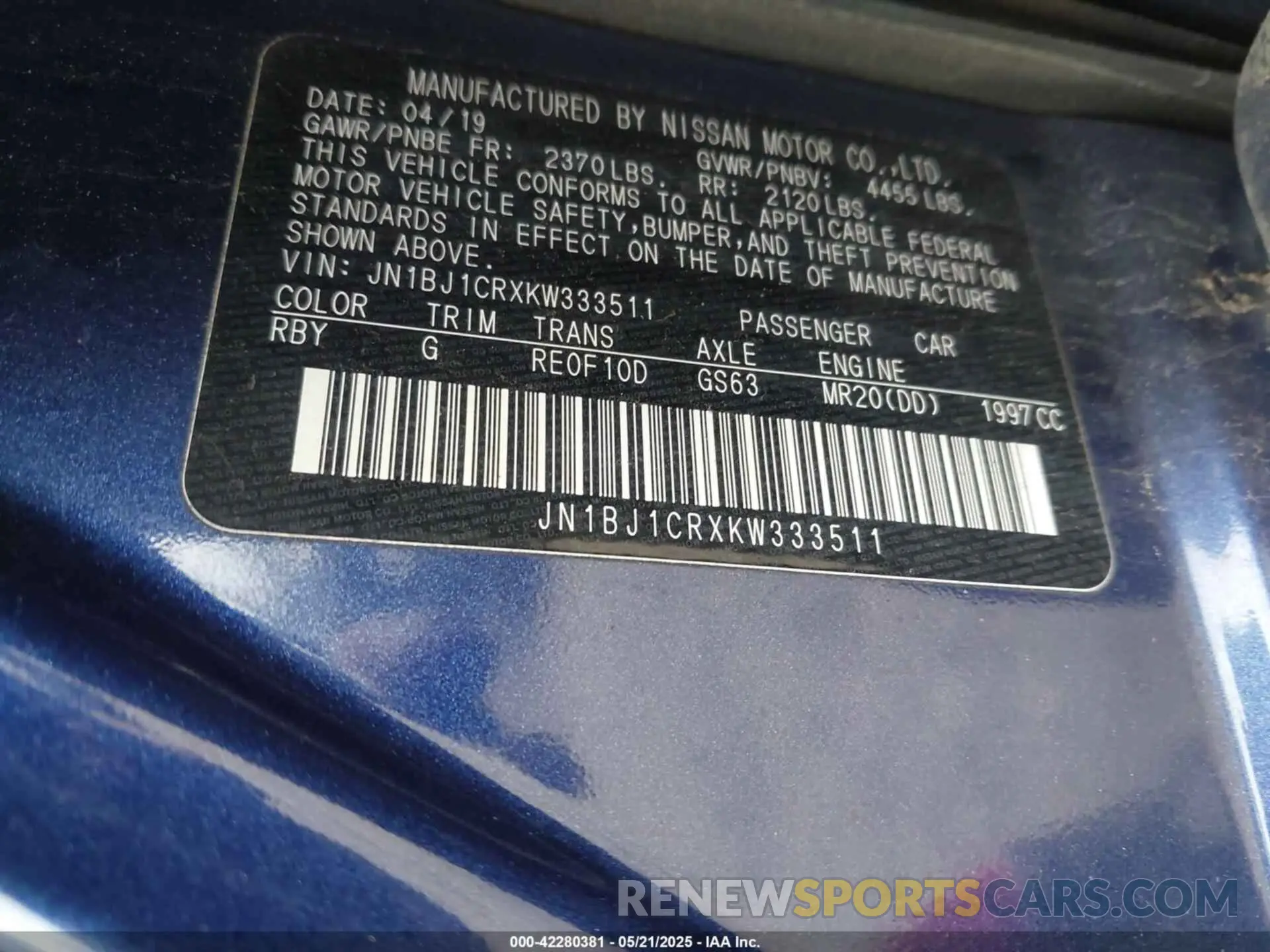 9 fotografías del automóvil dañado JN1BJ1CRXKW333511 NISSAN ROGUE SPORT 2019