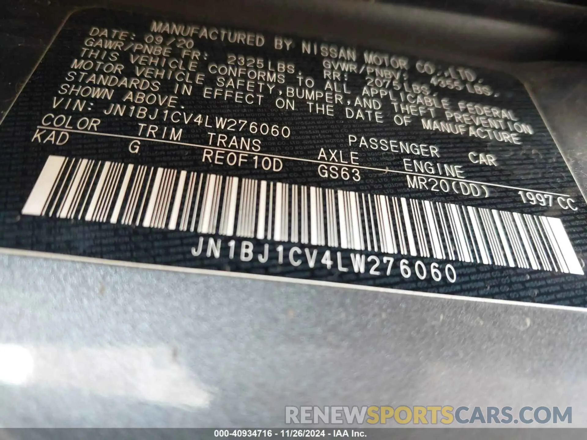 9 fotografías del automóvil dañado JN1BJ1CV4LW276060 NISSAN ROGUE SPORT 2020