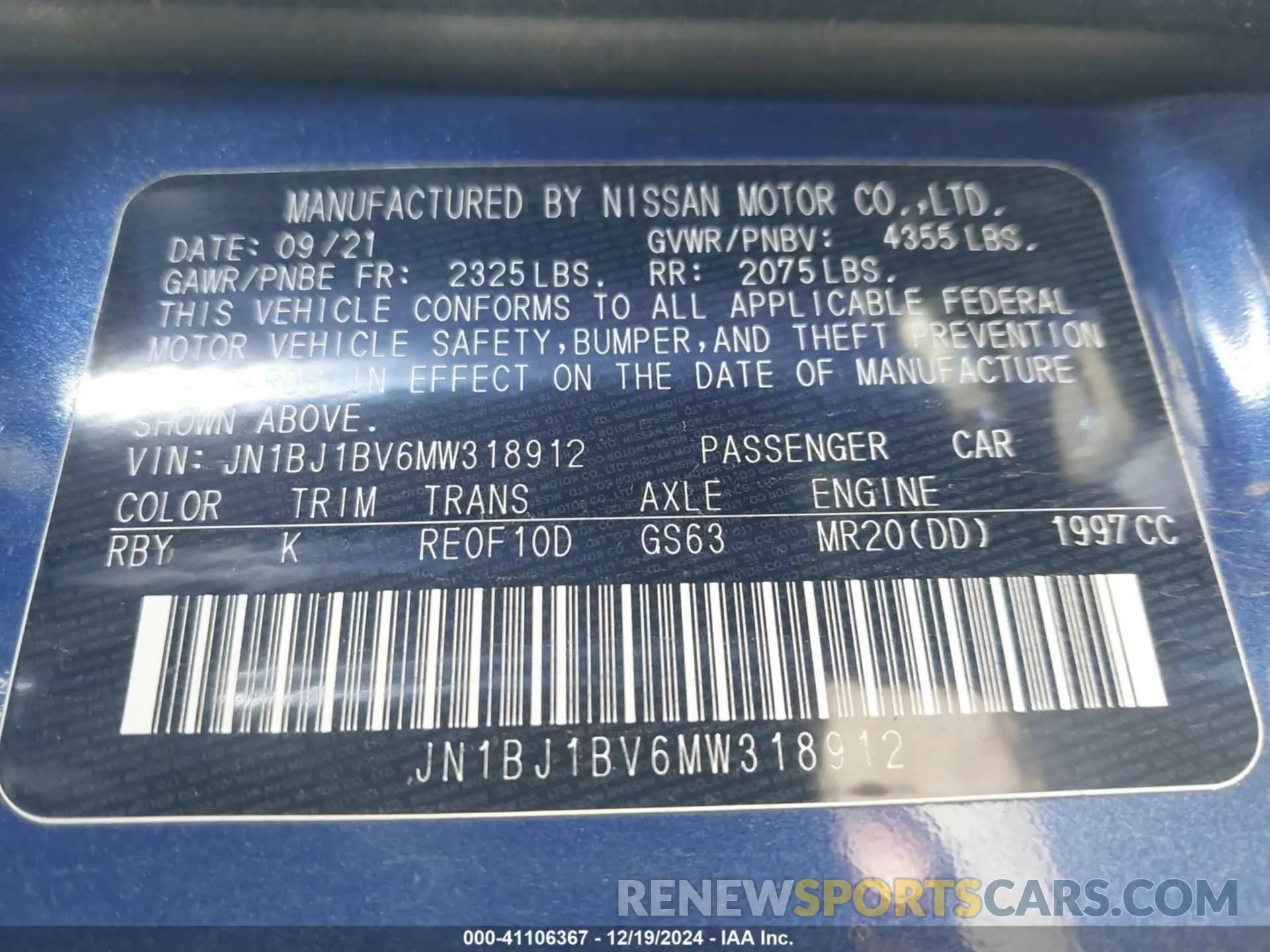 9 fotografías del automóvil dañado JN1BJ1BV6MW318912 NISSAN ROGUE SPORT 2021