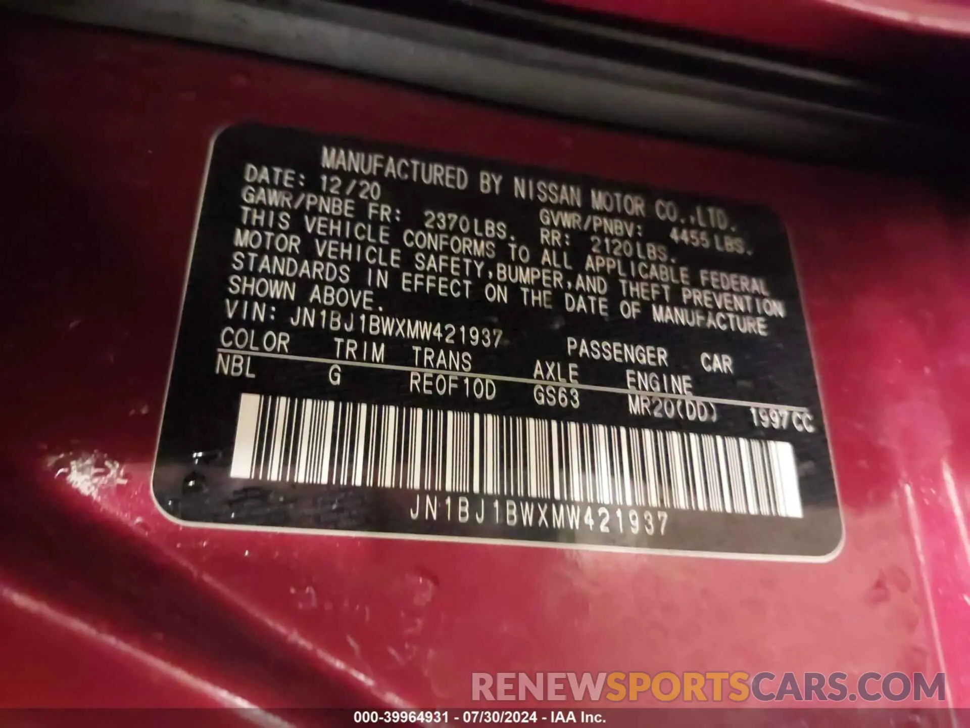 9 fotografías del automóvil dañado JN1BJ1BWXMW421937 NISSAN ROGUE SPORT 2021
