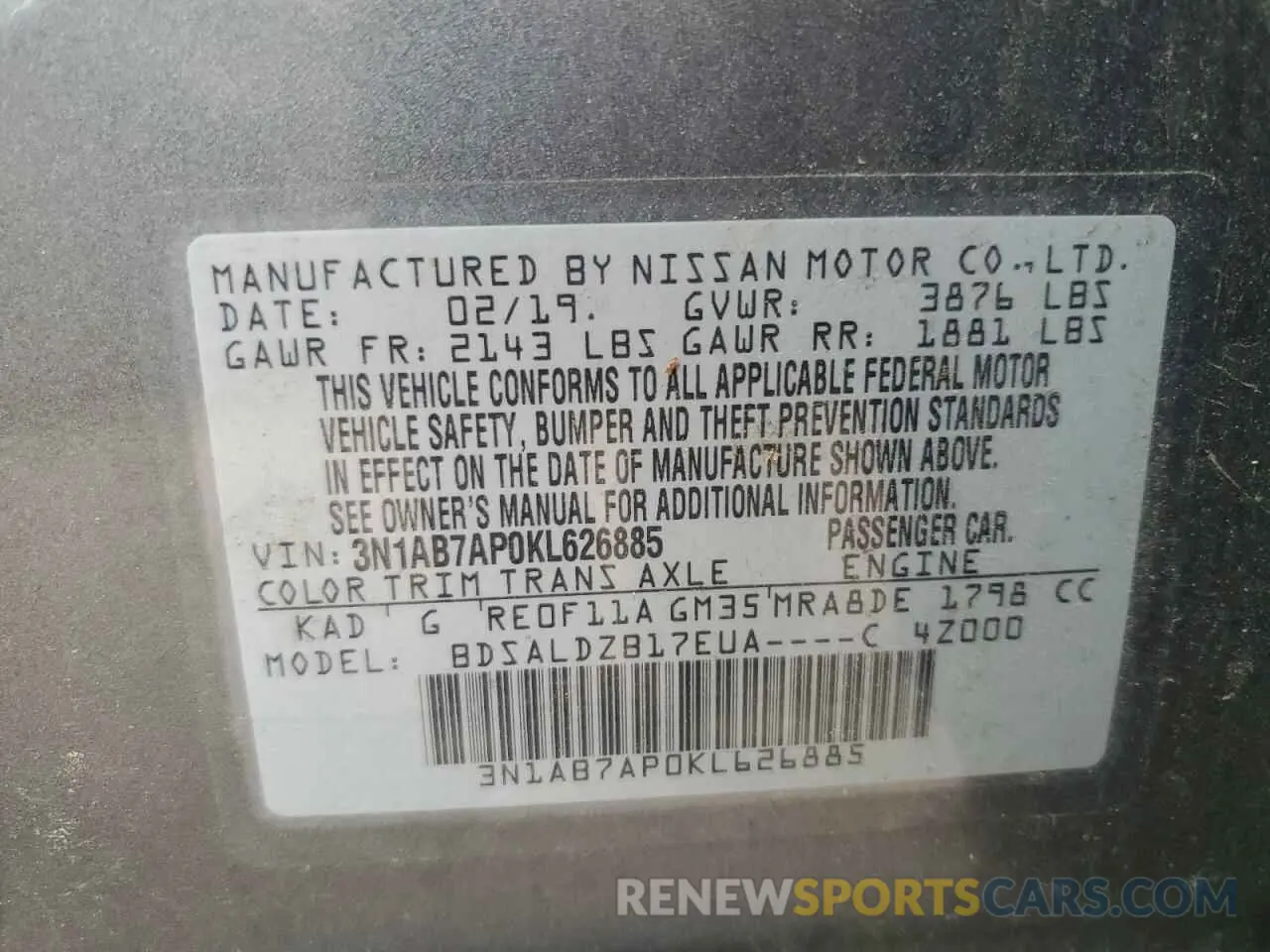 12 fotografías del automóvil dañado 3N1AB7AP0KL626885 NISSAN SENTRA 2019