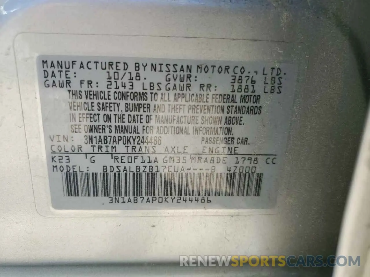13 fotografías del automóvil dañado 3N1AB7AP0KY244486 NISSAN SENTRA 2019