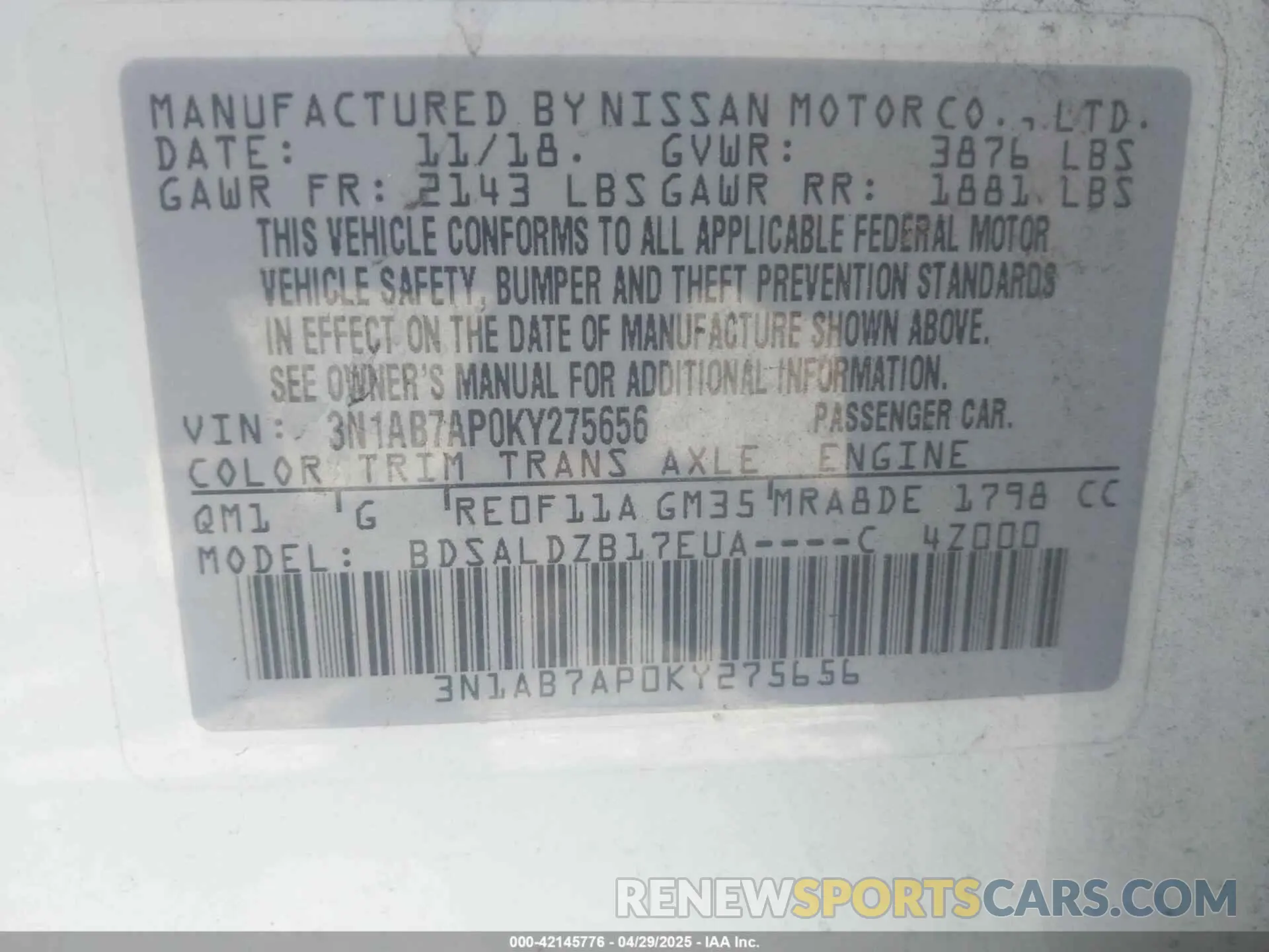 9 fotografías del automóvil dañado 3N1AB7AP0KY275656 NISSAN SENTRA 2019