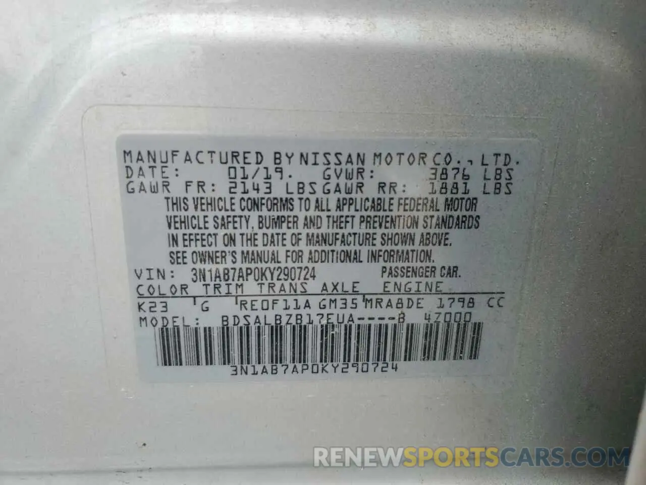 12 fotografías del automóvil dañado 3N1AB7AP0KY290724 NISSAN SENTRA 2019
