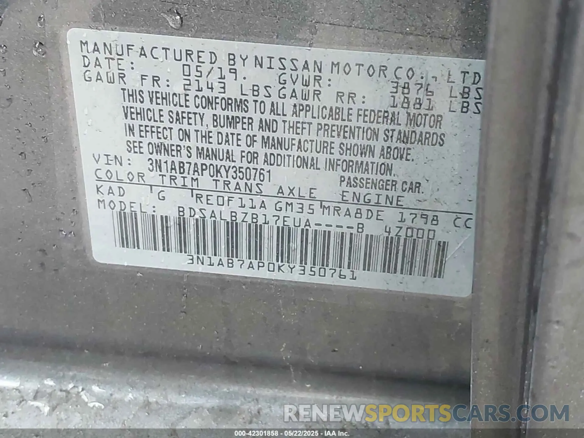 9 fotografías del automóvil dañado 3N1AB7AP0KY350761 NISSAN SENTRA 2019
