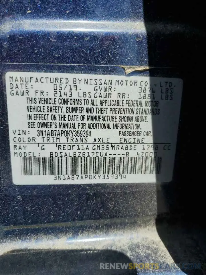 14 fotografías del automóvil dañado 3N1AB7AP0KY359394 NISSAN SENTRA 2019