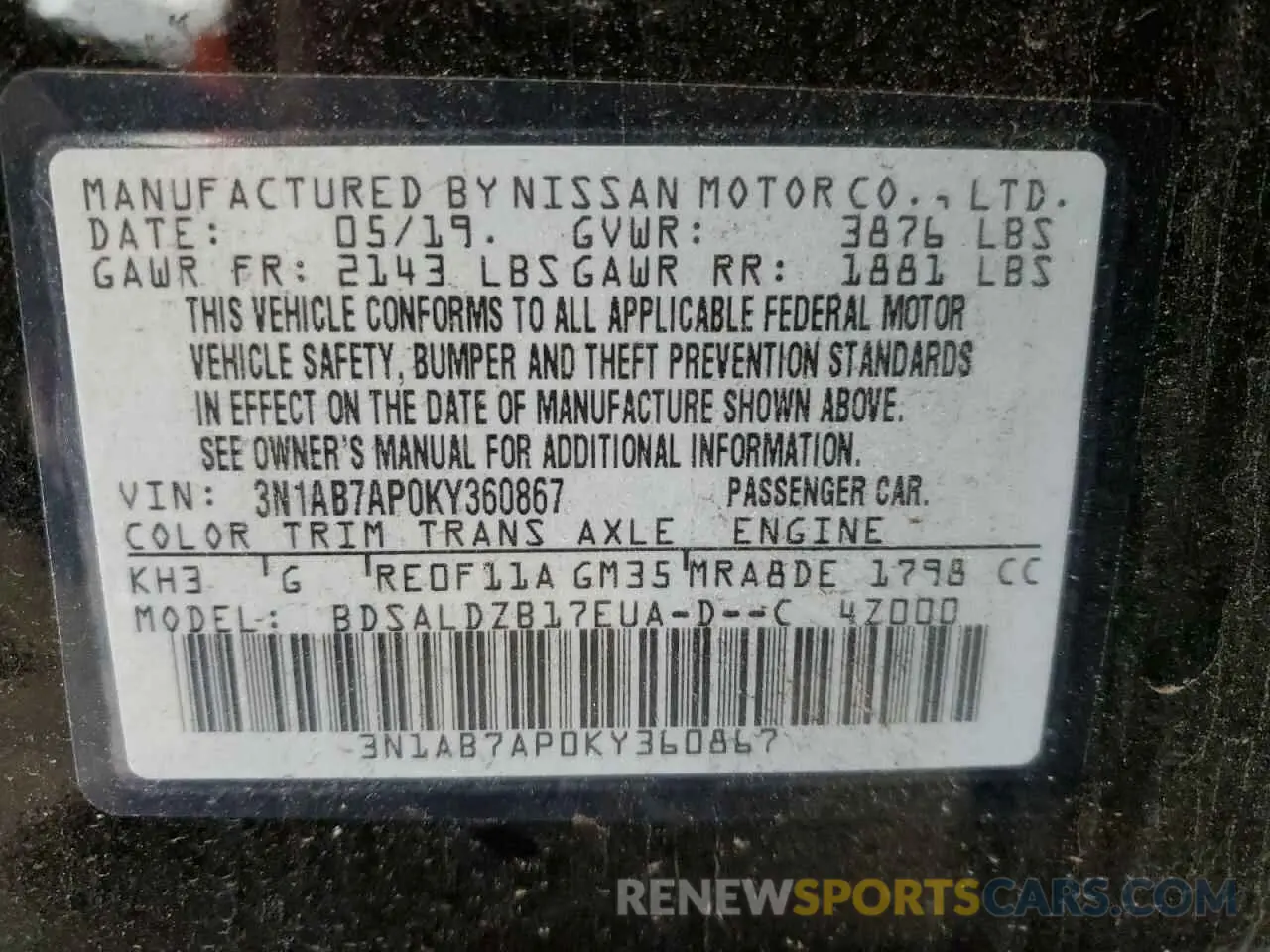 12 fotografías del automóvil dañado 3N1AB7AP0KY360867 NISSAN SENTRA 2019