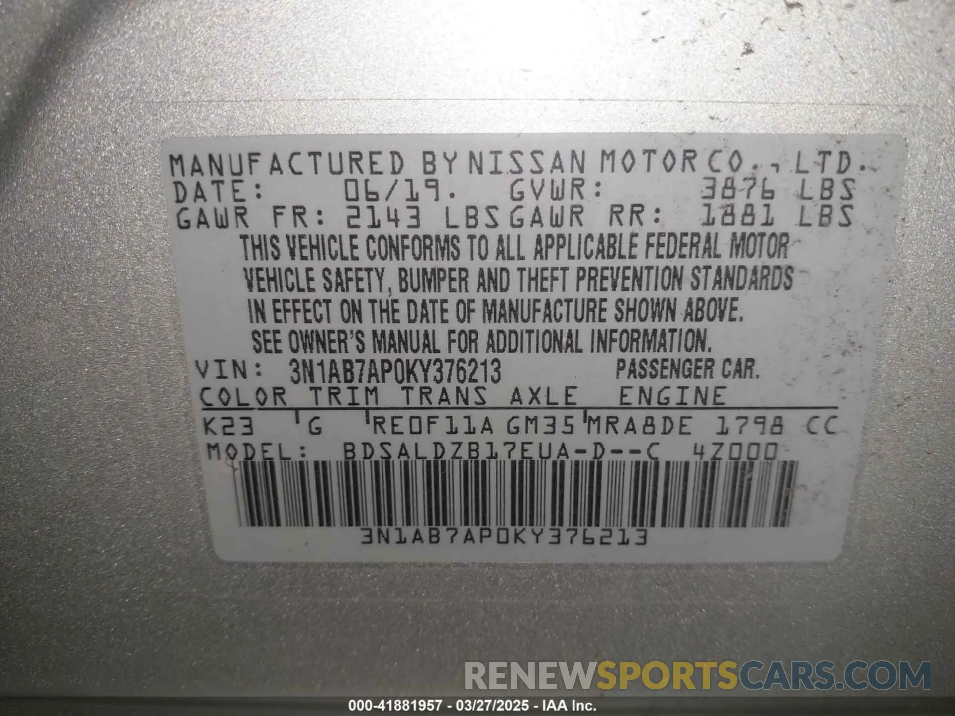 9 fotografías del automóvil dañado 3N1AB7AP0KY376213 NISSAN SENTRA 2019
