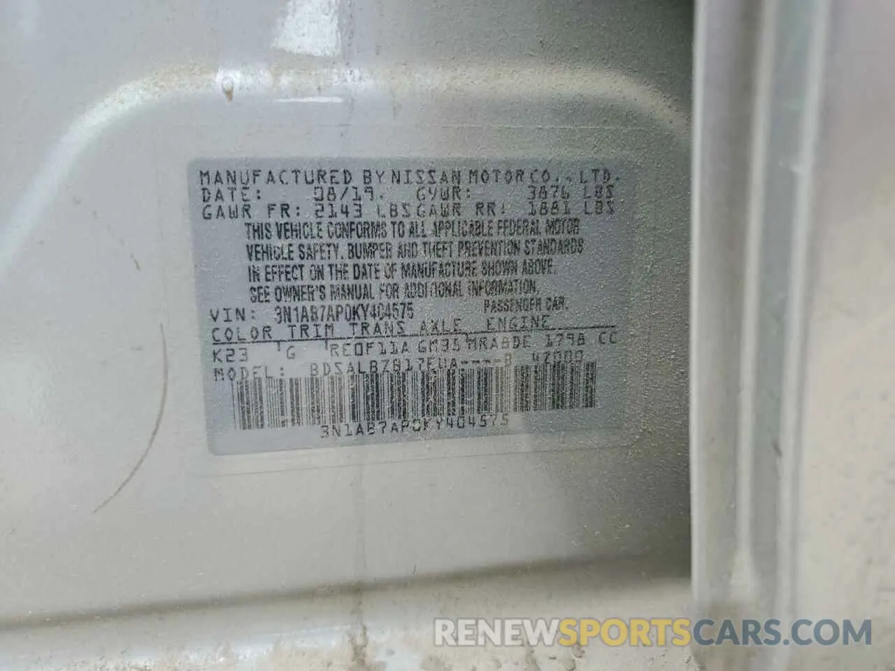 12 fotografías del automóvil dañado 3N1AB7AP0KY404575 NISSAN SENTRA 2019