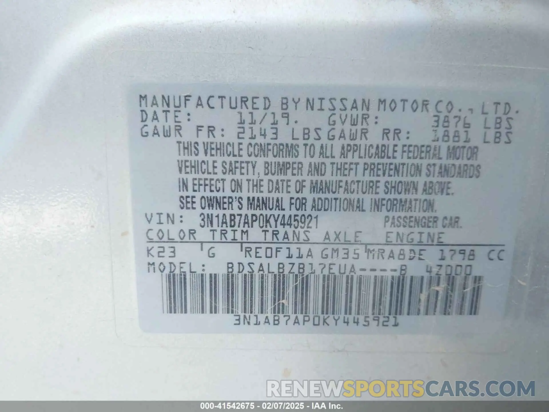 8 fotografías del automóvil dañado 3N1AB7AP0KY445921 NISSAN SENTRA 2019