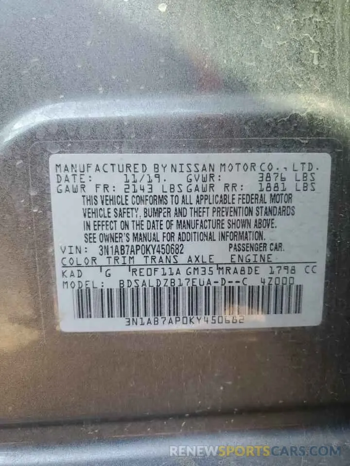 12 fotografías del automóvil dañado 3N1AB7AP0KY450682 NISSAN SENTRA 2019