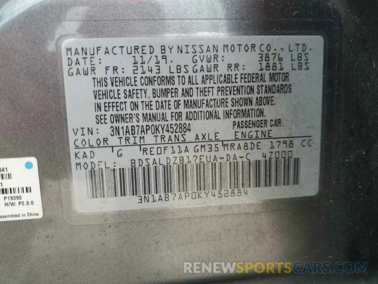 13 fotografías del automóvil dañado 3N1AB7AP0KY452884 NISSAN SENTRA 2019