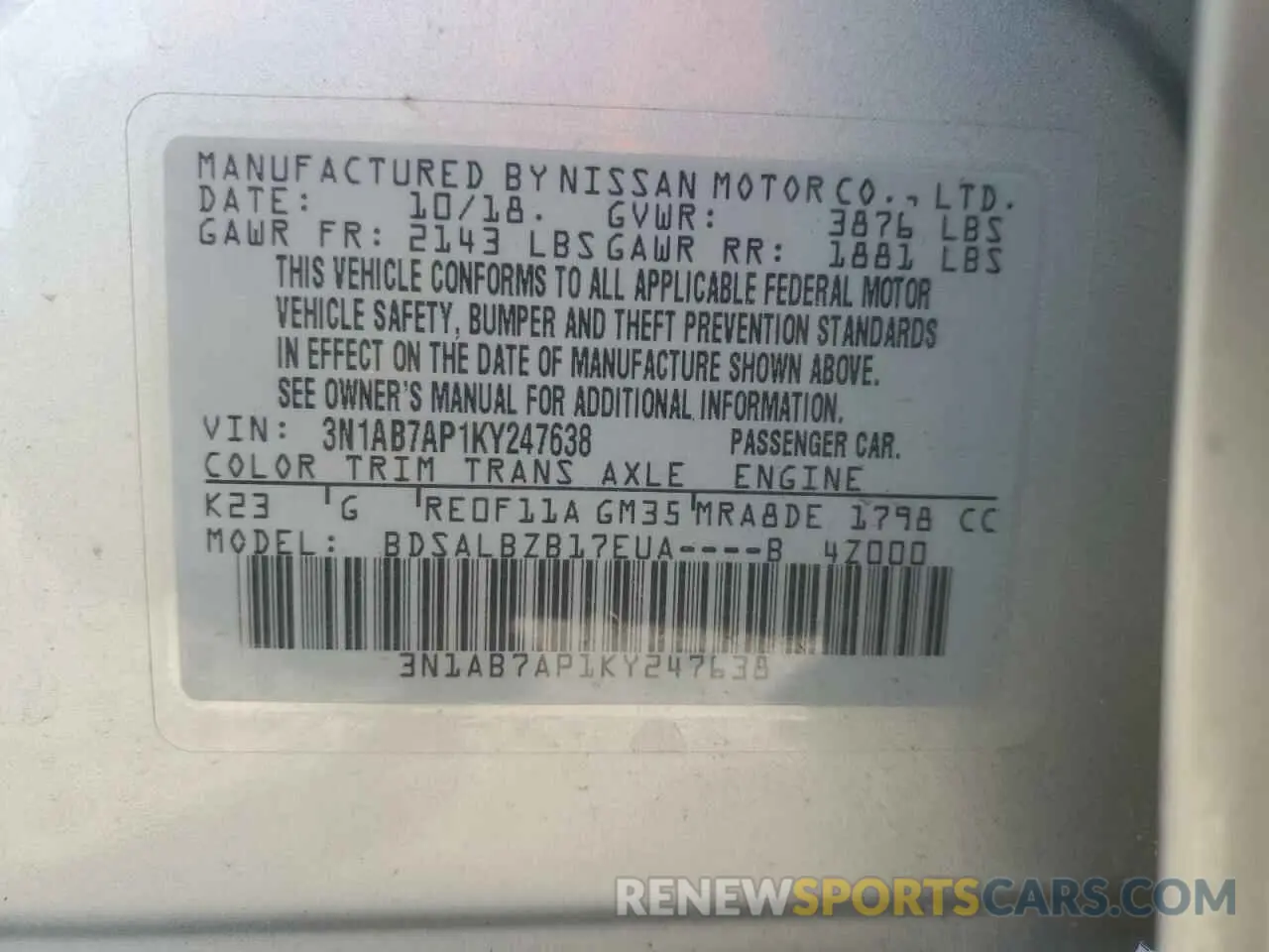 15 fotografías del automóvil dañado 3N1AB7AP1KY247638 NISSAN SENTRA 2019