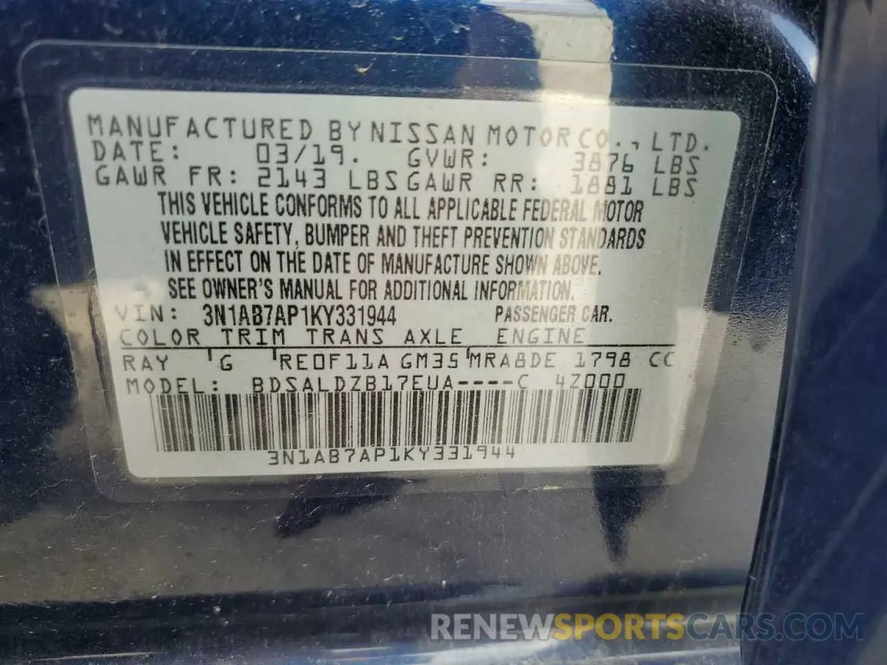 12 fotografías del automóvil dañado 3N1AB7AP1KY331944 NISSAN SENTRA 2019