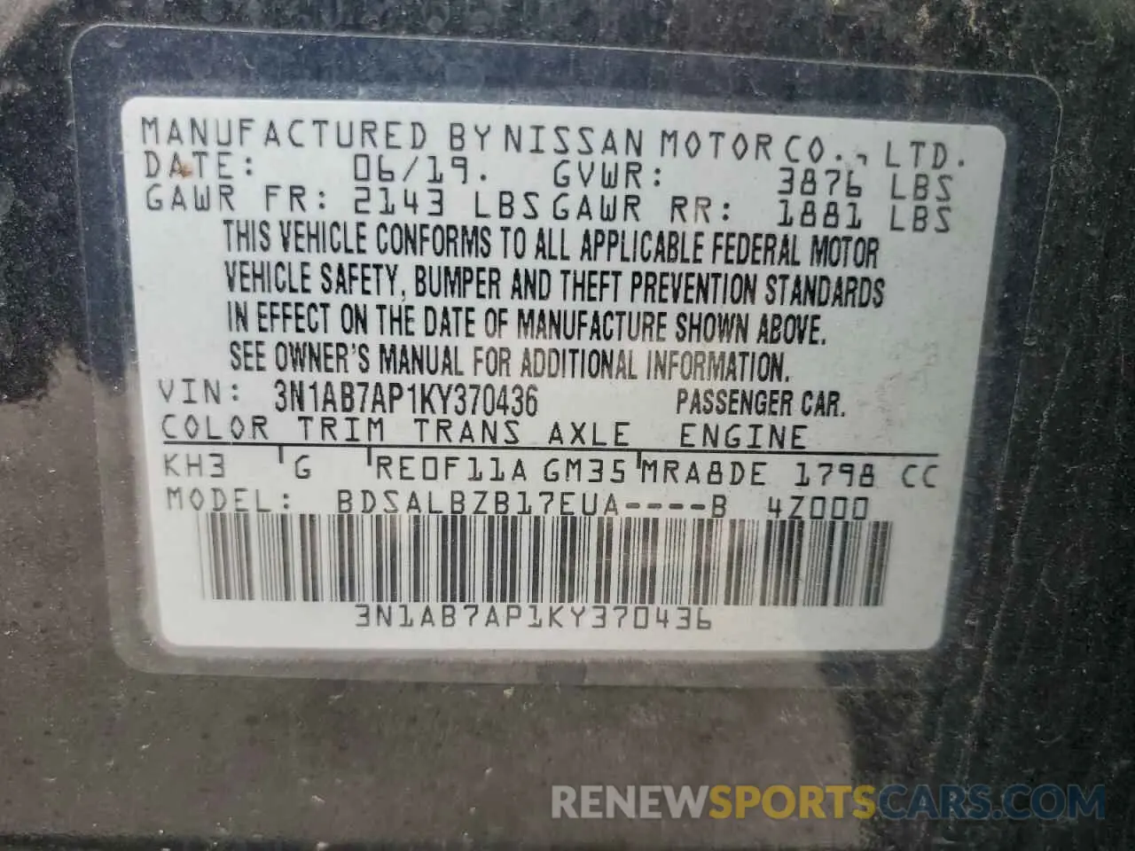 13 fotografías del automóvil dañado 3N1AB7AP1KY370436 NISSAN SENTRA 2019