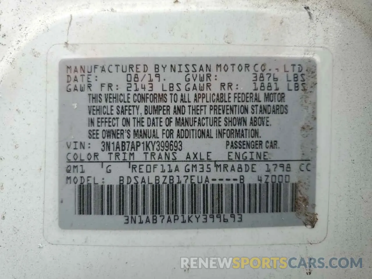 13 fotografías del automóvil dañado 3N1AB7AP1KY399693 NISSAN SENTRA 2019