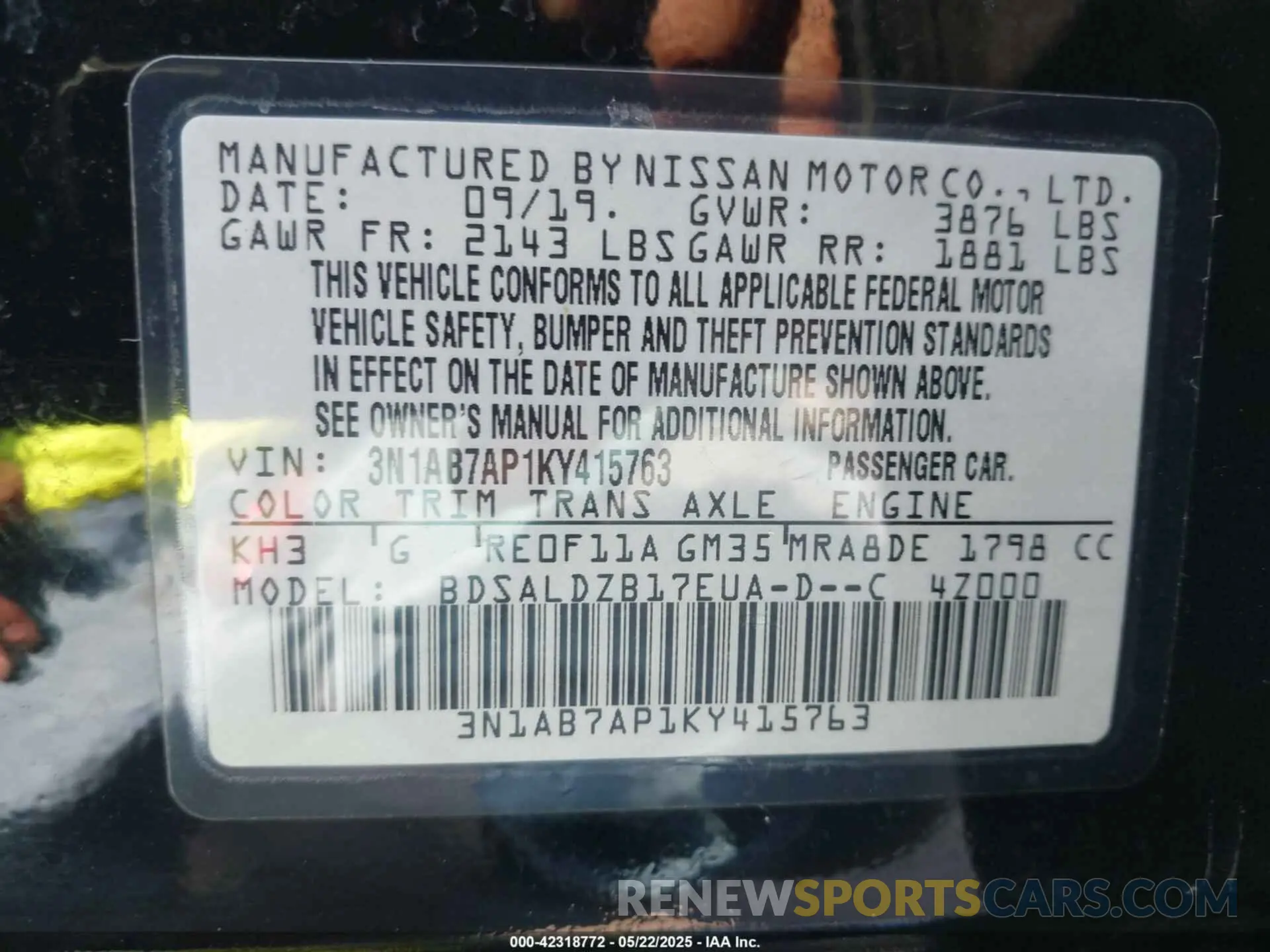 9 fotografías del automóvil dañado 3N1AB7AP1KY415763 NISSAN SENTRA 2019