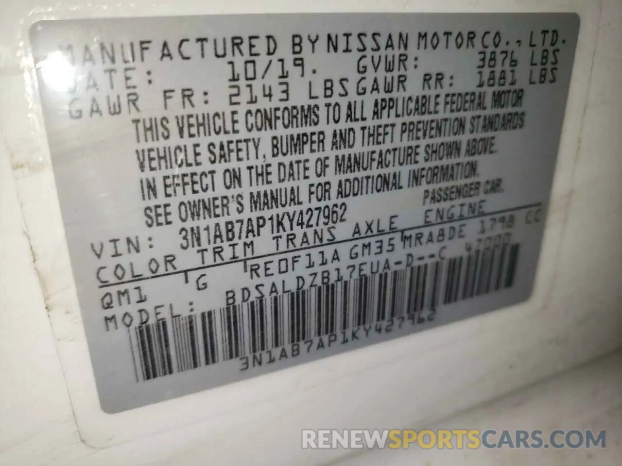 12 fotografías del automóvil dañado 3N1AB7AP1KY427962 NISSAN SENTRA 2019