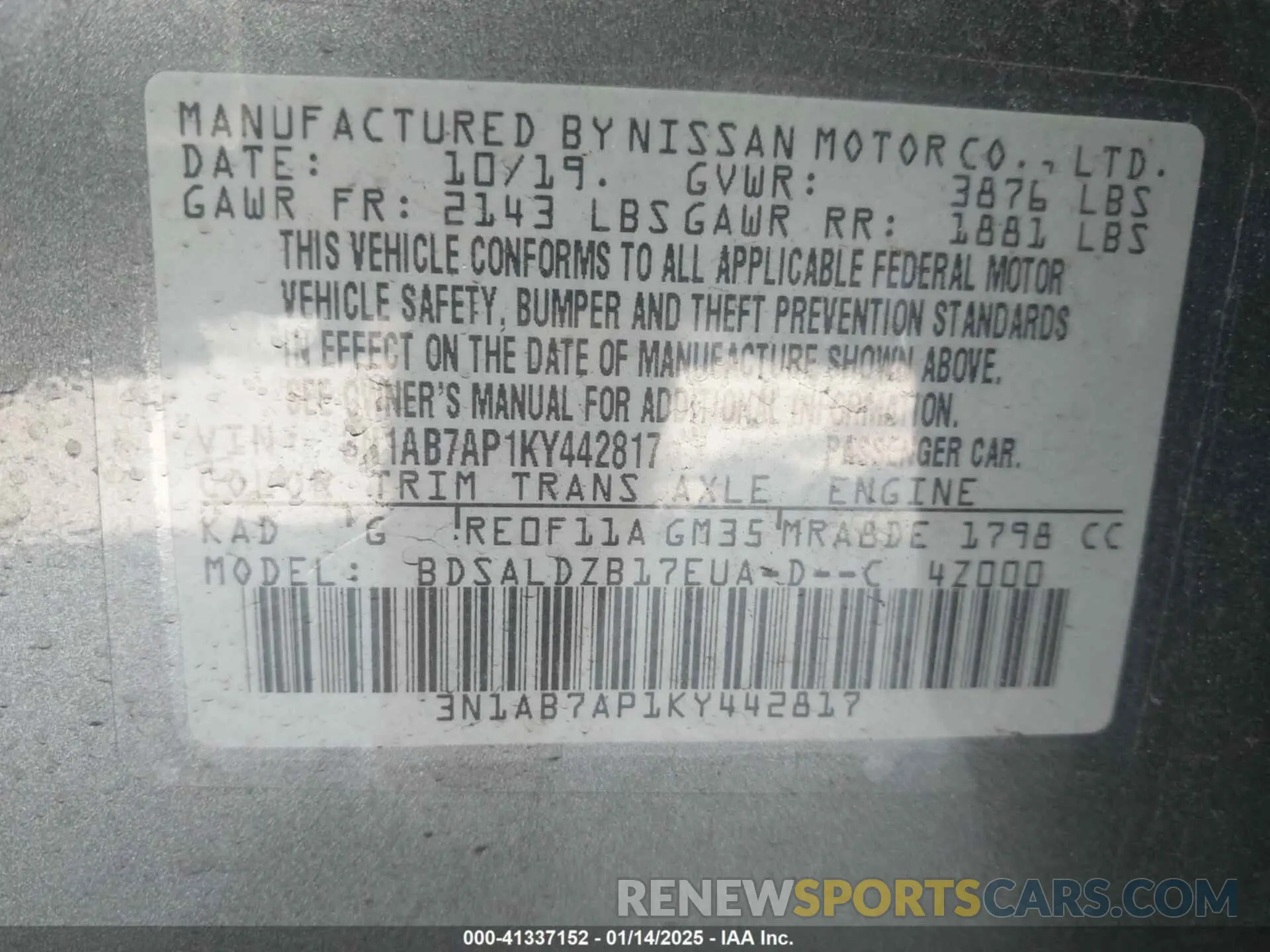 9 fotografías del automóvil dañado 3N1AB7AP1KY442817 NISSAN SENTRA 2019