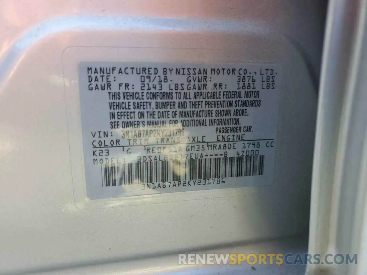 14 fotografías del automóvil dañado 3N1AB7AP2KY231786 NISSAN SENTRA 2019