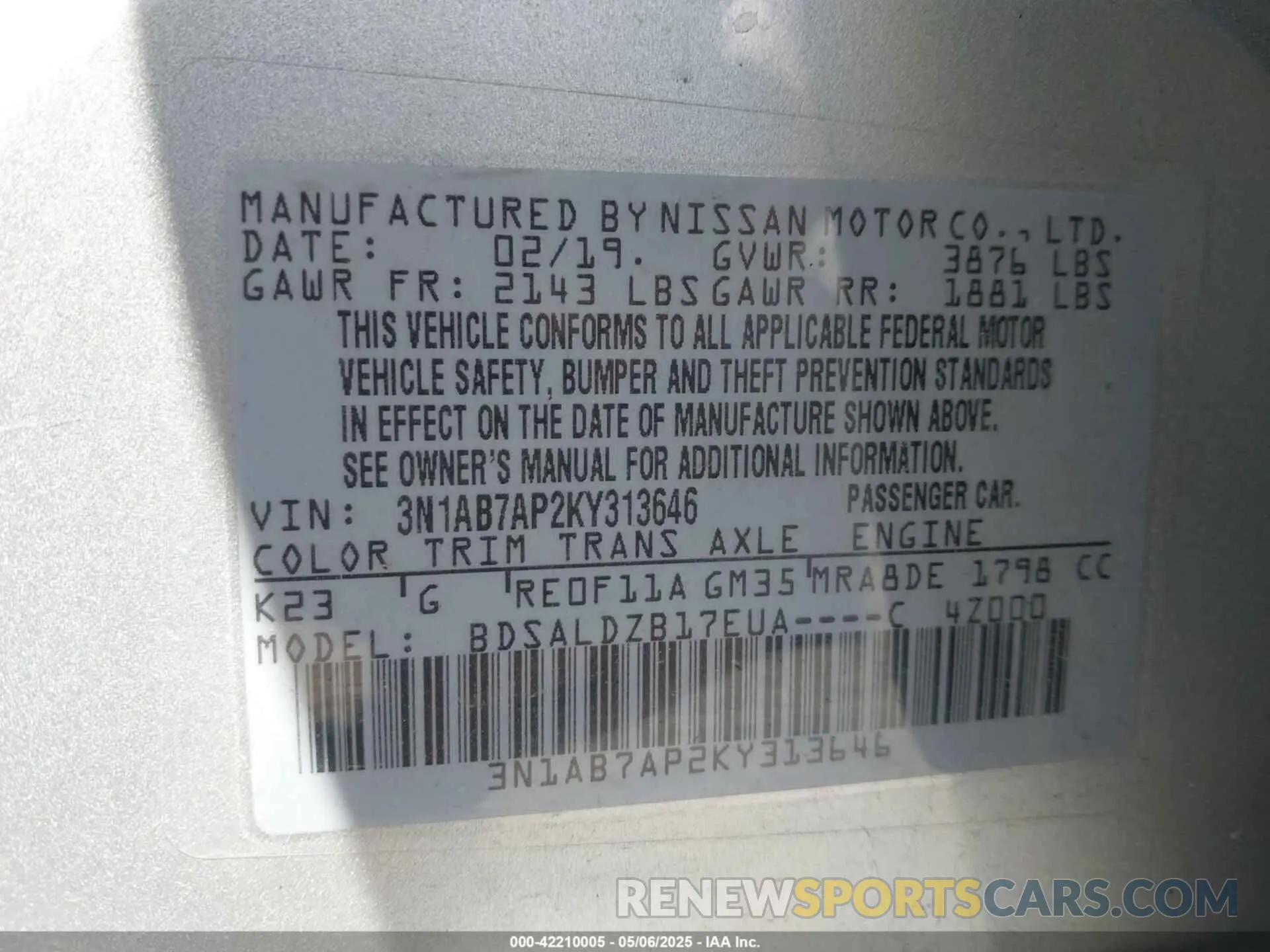 9 fotografías del automóvil dañado 3N1AB7AP2KY313646 NISSAN SENTRA 2019