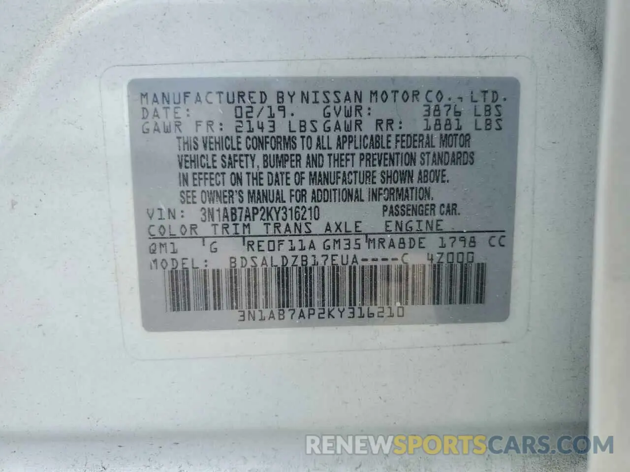 14 fotografías del automóvil dañado 3N1AB7AP2KY316210 NISSAN SENTRA 2019