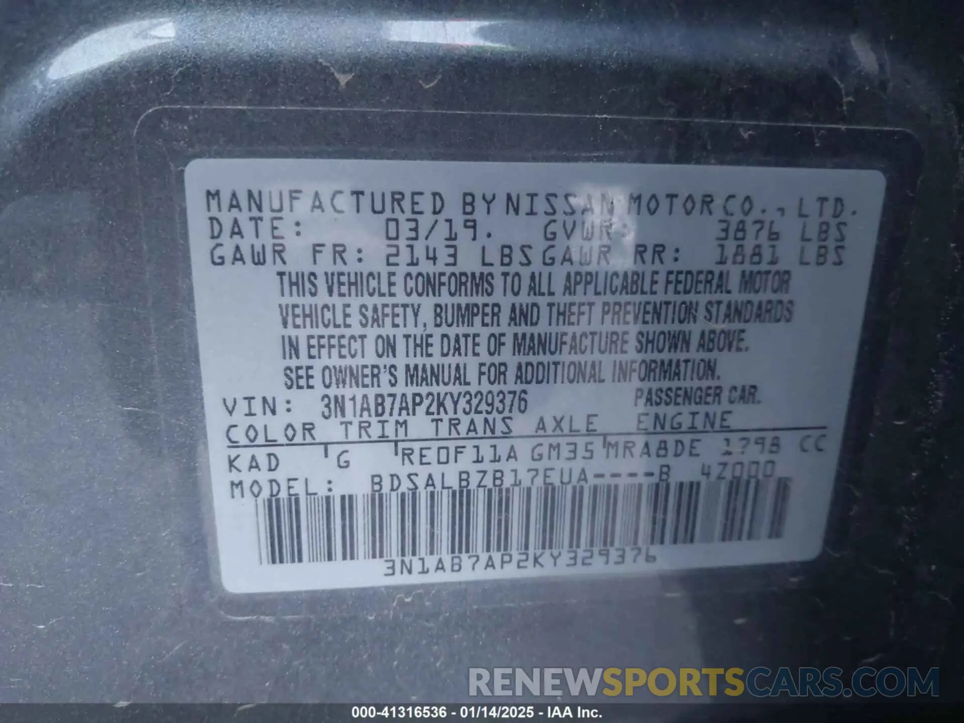 9 fotografías del automóvil dañado 3N1AB7AP2KY329376 NISSAN SENTRA 2019