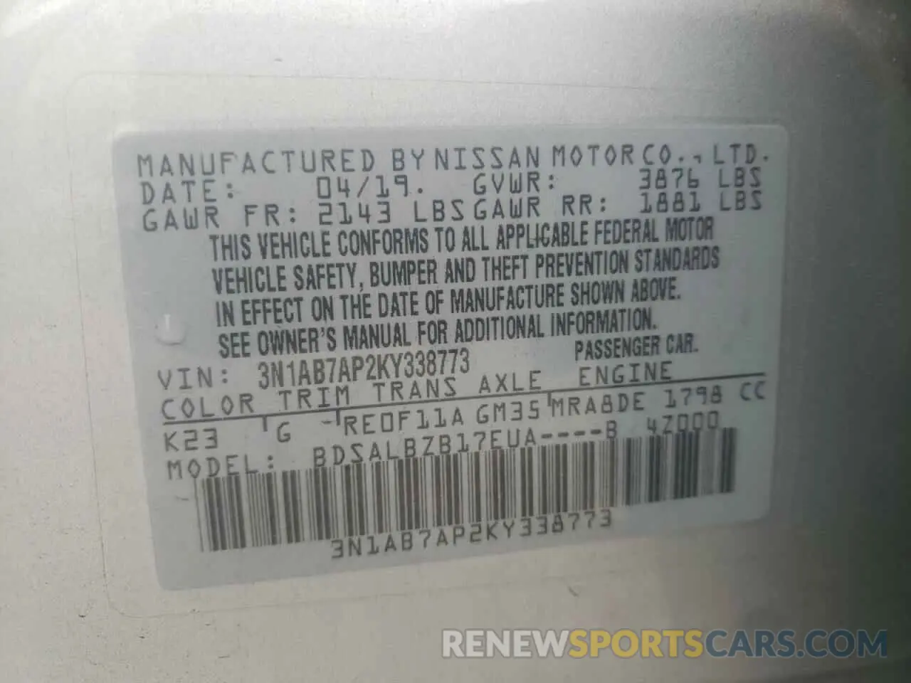 10 fotografías del automóvil dañado 3N1AB7AP2KY338773 NISSAN SENTRA 2019
