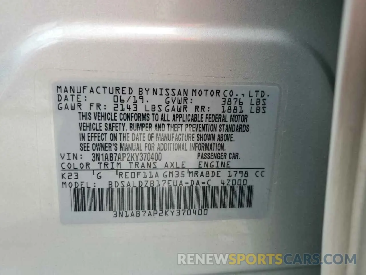 12 fotografías del automóvil dañado 3N1AB7AP2KY370400 NISSAN SENTRA 2019