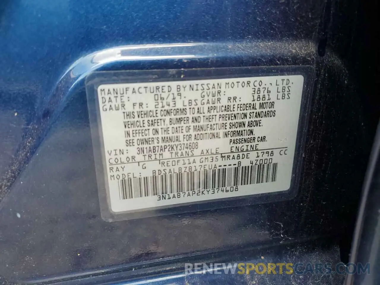 12 fotografías del automóvil dañado 3N1AB7AP2KY374608 NISSAN SENTRA 2019