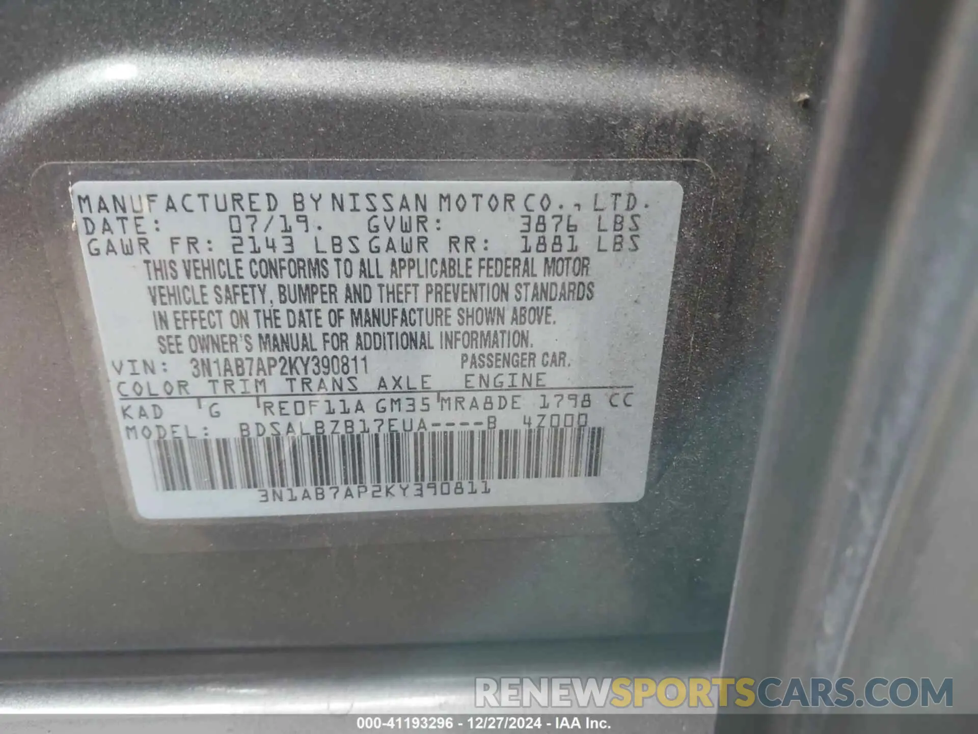 9 fotografías del automóvil dañado 3N1AB7AP2KY390811 NISSAN SENTRA 2019