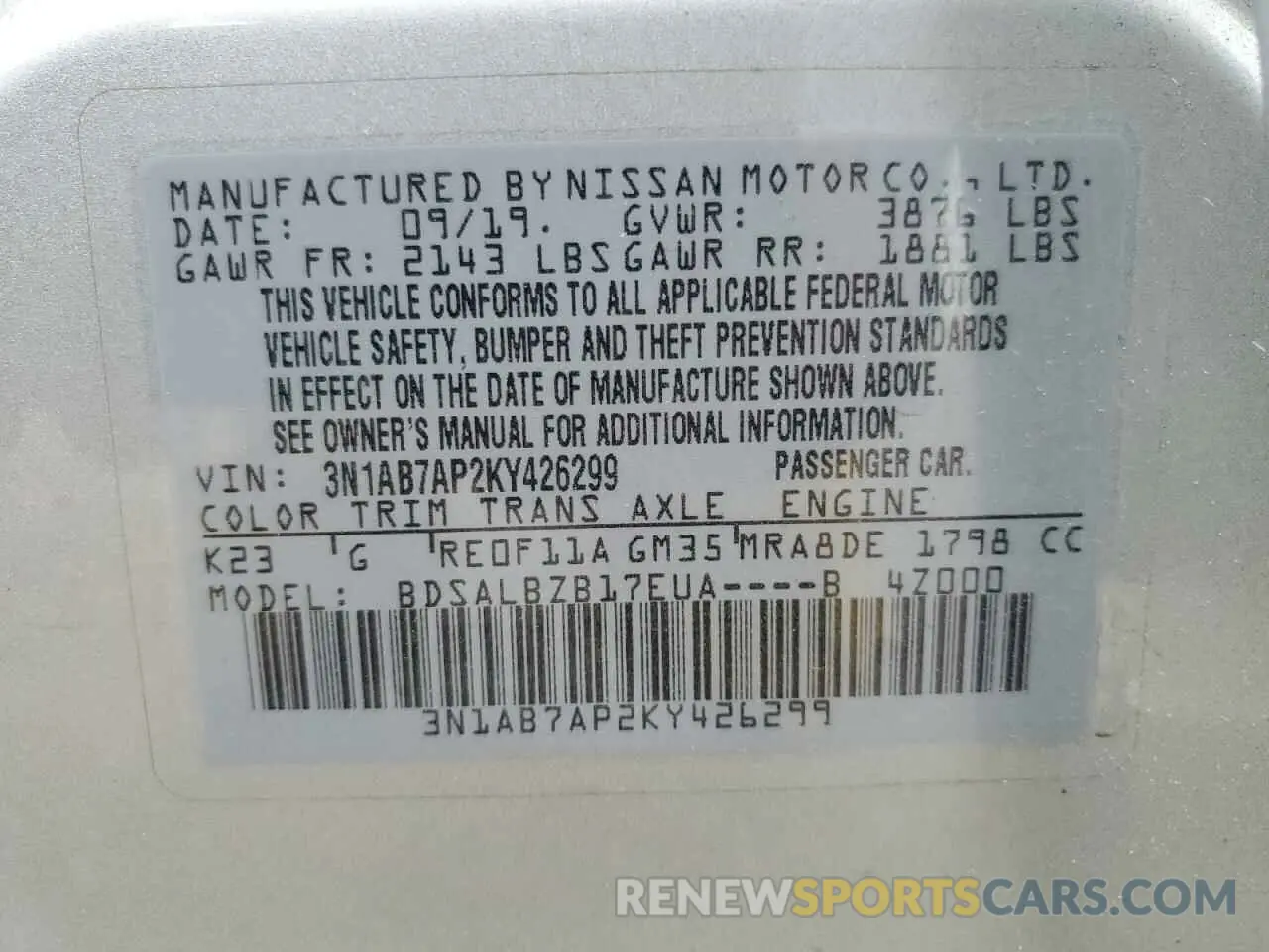15 fotografías del automóvil dañado 3N1AB7AP2KY426299 NISSAN SENTRA 2019