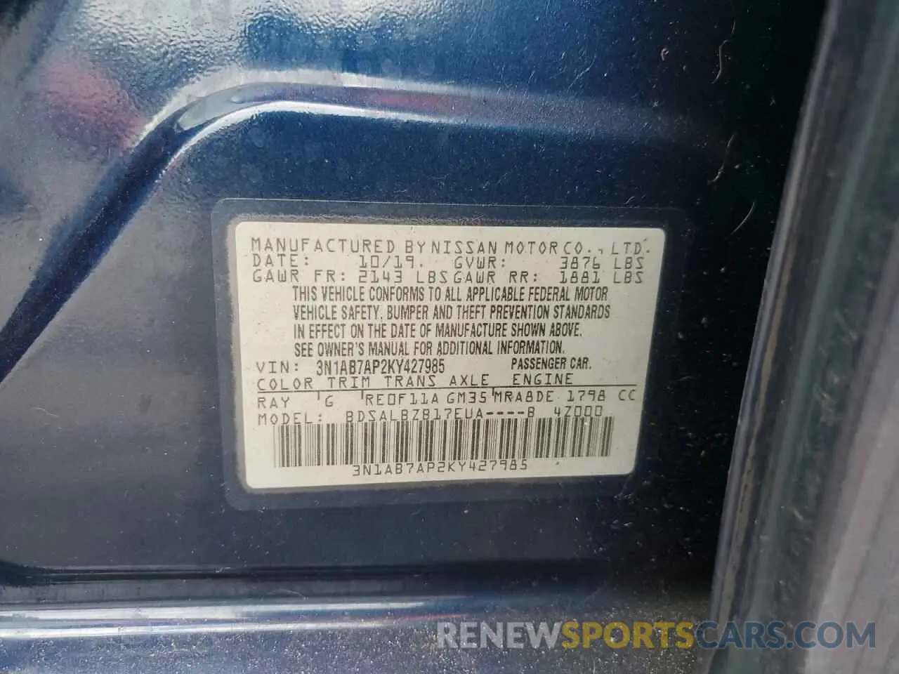 14 fotografías del automóvil dañado 3N1AB7AP2KY427985 NISSAN SENTRA 2019
