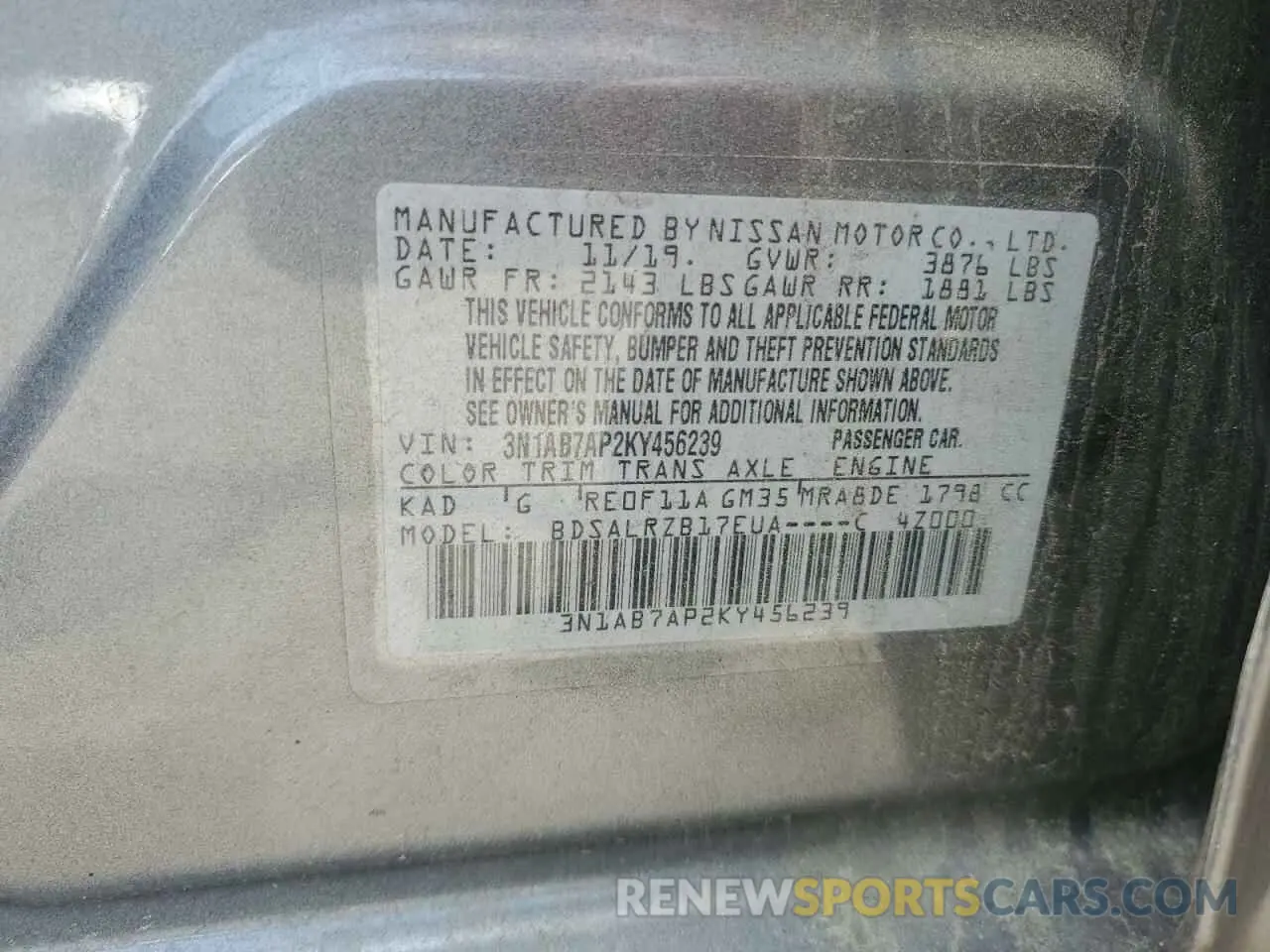 12 fotografías del automóvil dañado 3N1AB7AP2KY456239 NISSAN SENTRA 2019