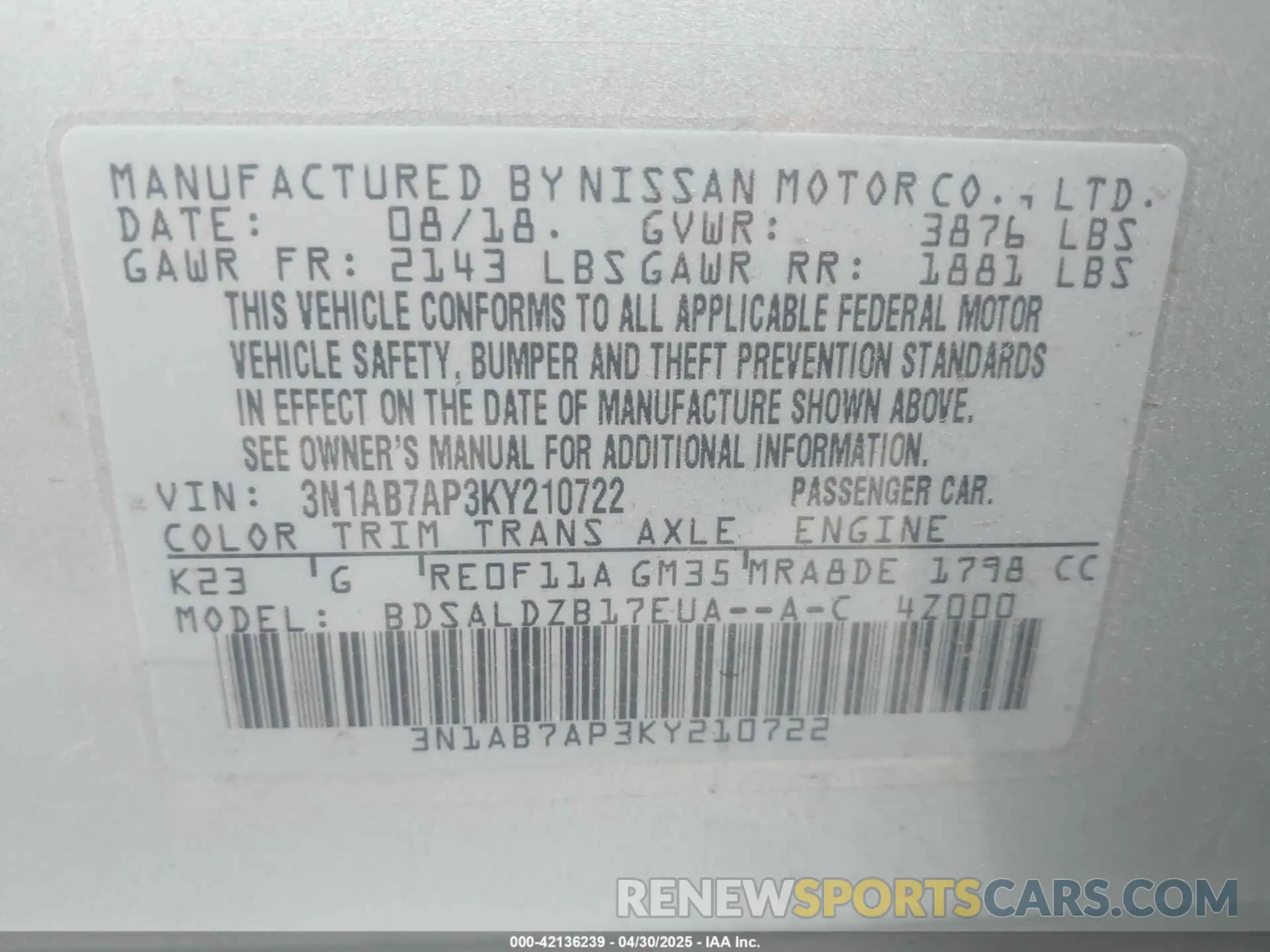9 fotografías del automóvil dañado 3N1AB7AP3KY210722 NISSAN SENTRA 2019