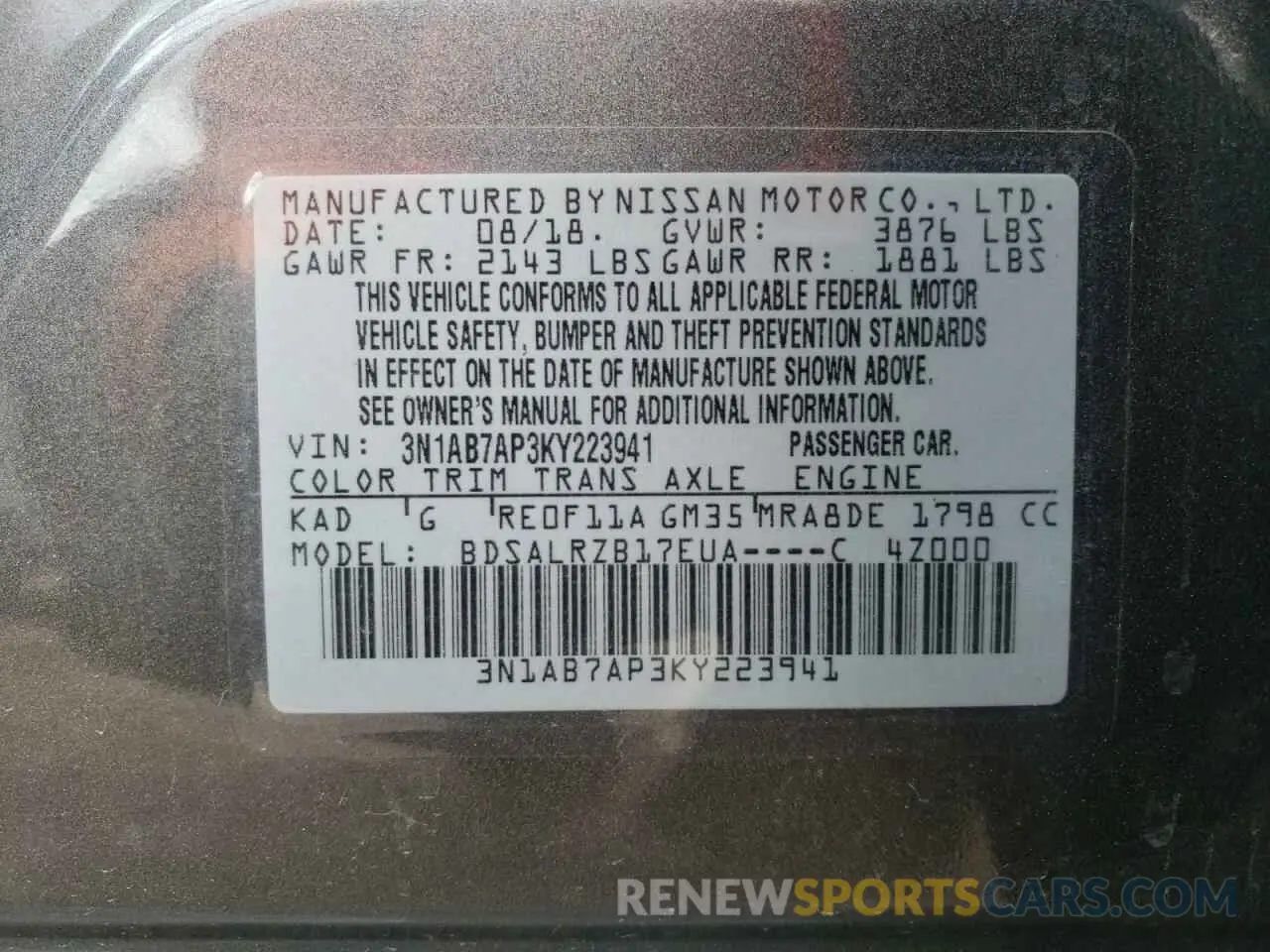 12 fotografías del automóvil dañado 3N1AB7AP3KY223941 NISSAN SENTRA 2019
