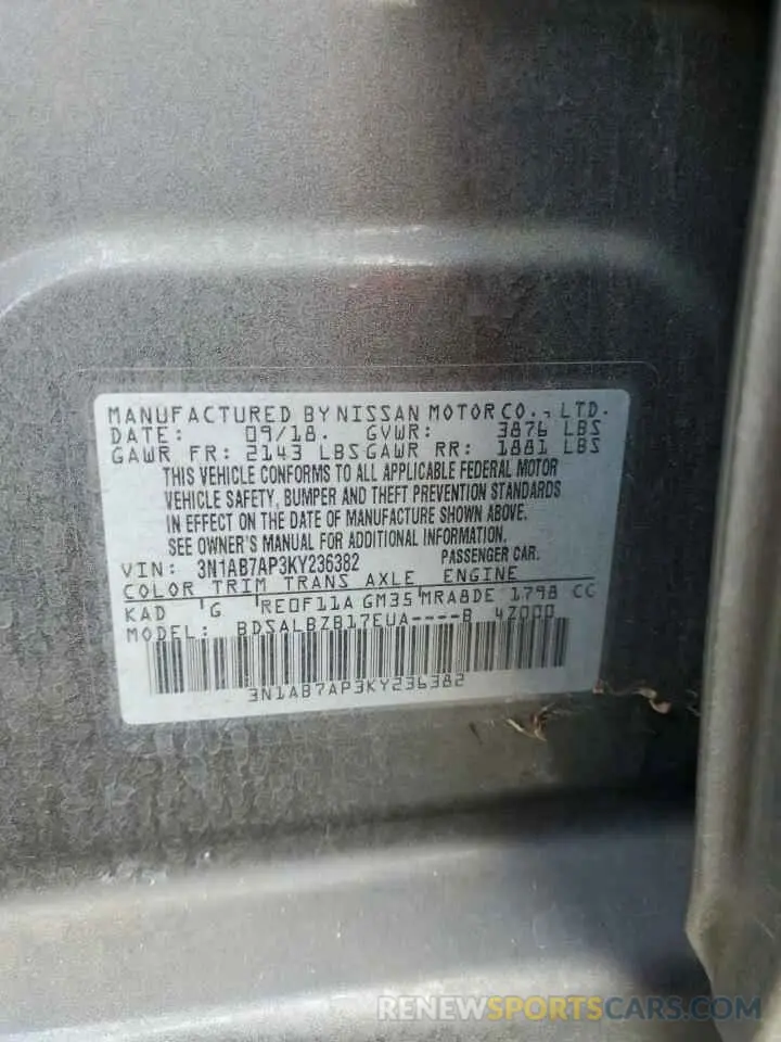 12 fotografías del automóvil dañado 3N1AB7AP3KY236382 NISSAN SENTRA 2019