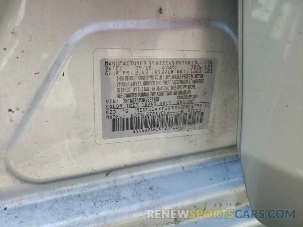 13 fotografías del automóvil dañado 3N1AB7AP3KY237158 NISSAN SENTRA 2019