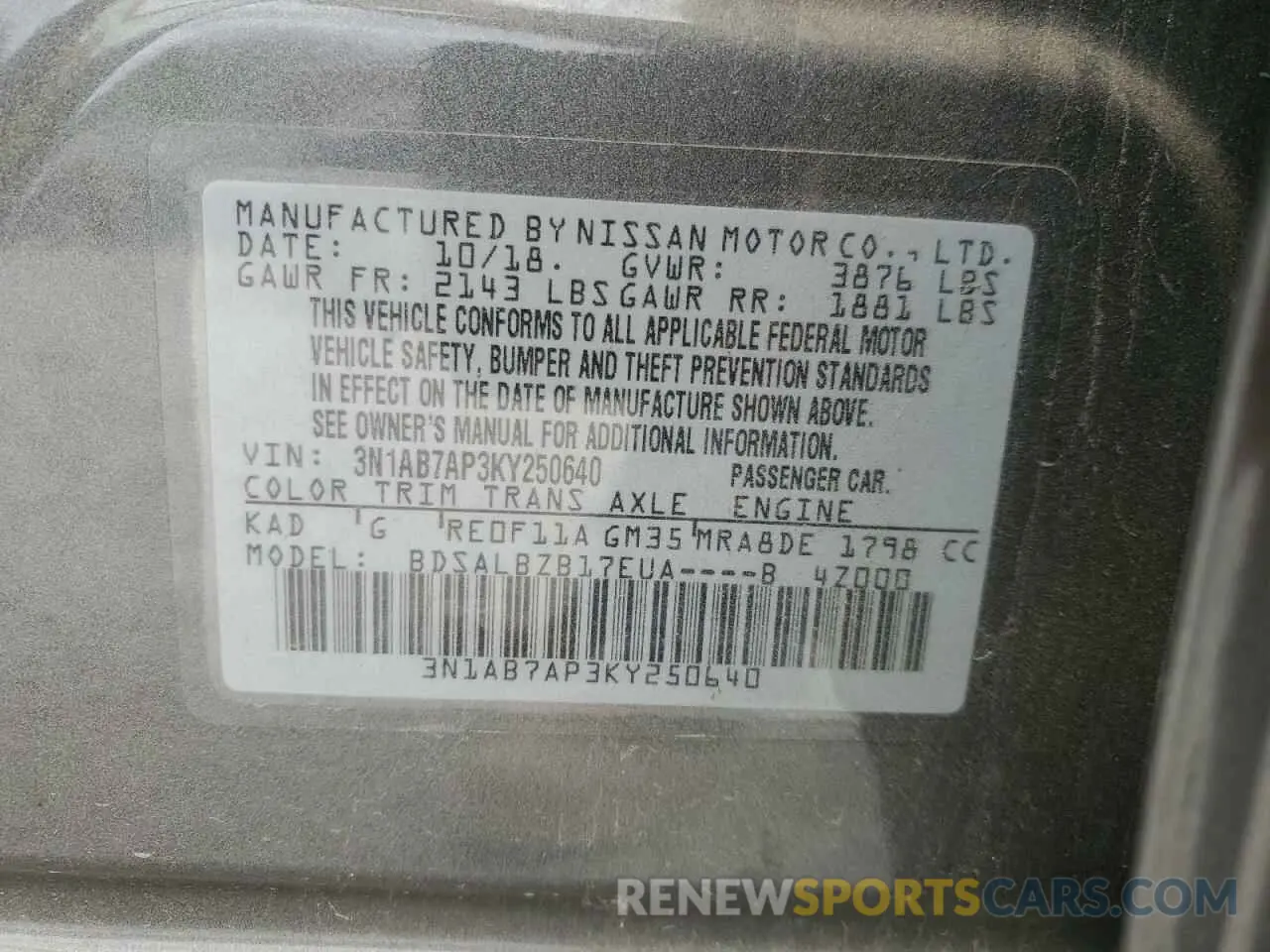 14 fotografías del automóvil dañado 3N1AB7AP3KY250640 NISSAN SENTRA 2019