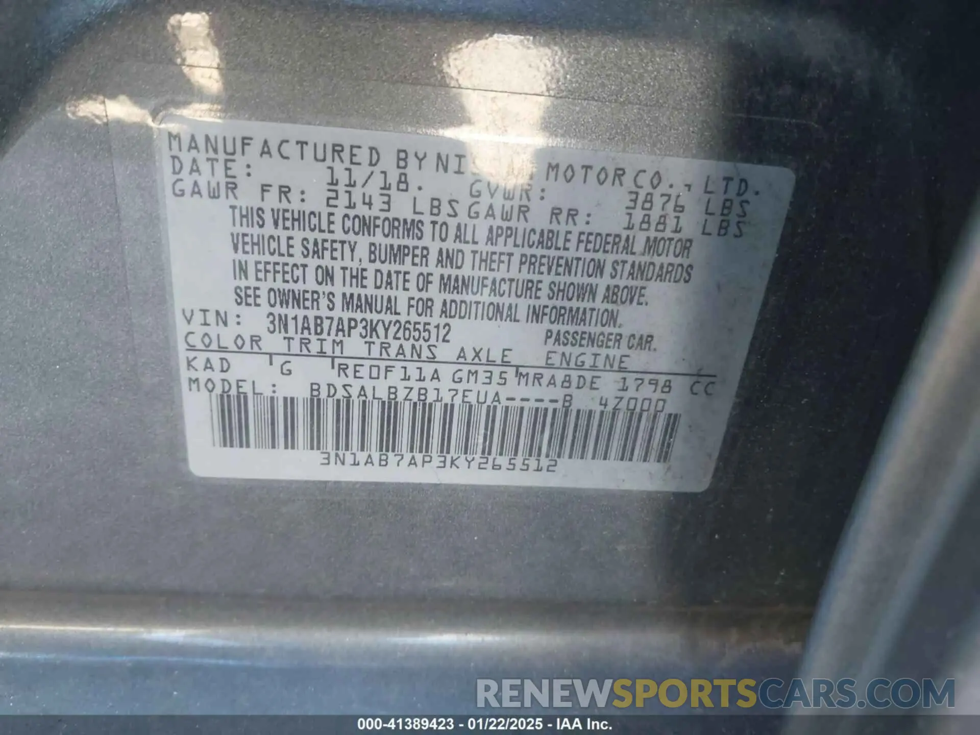 9 fotografías del automóvil dañado 3N1AB7AP3KY265512 NISSAN SENTRA 2019
