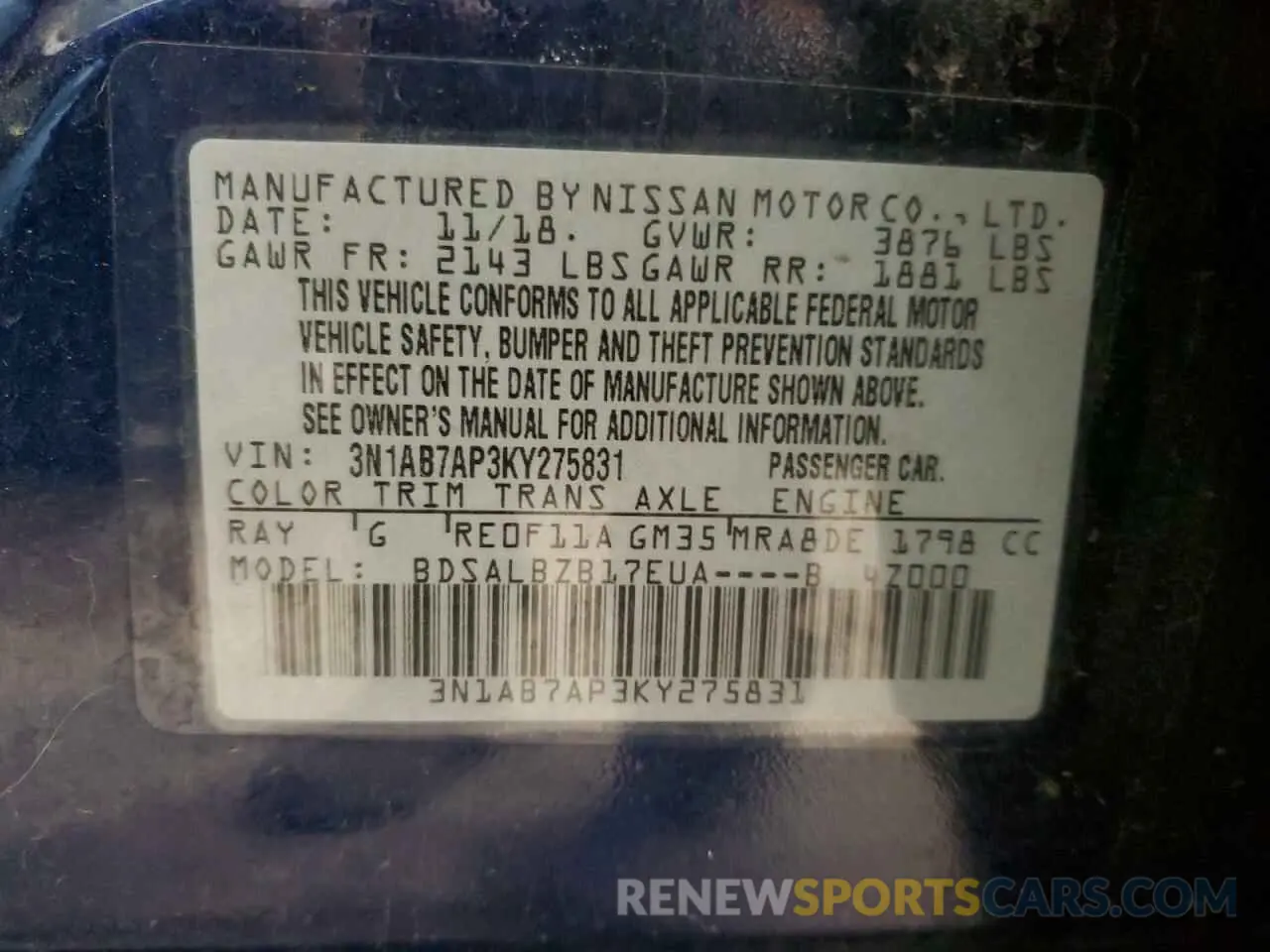 12 fotografías del automóvil dañado 3N1AB7AP3KY275831 NISSAN SENTRA 2019