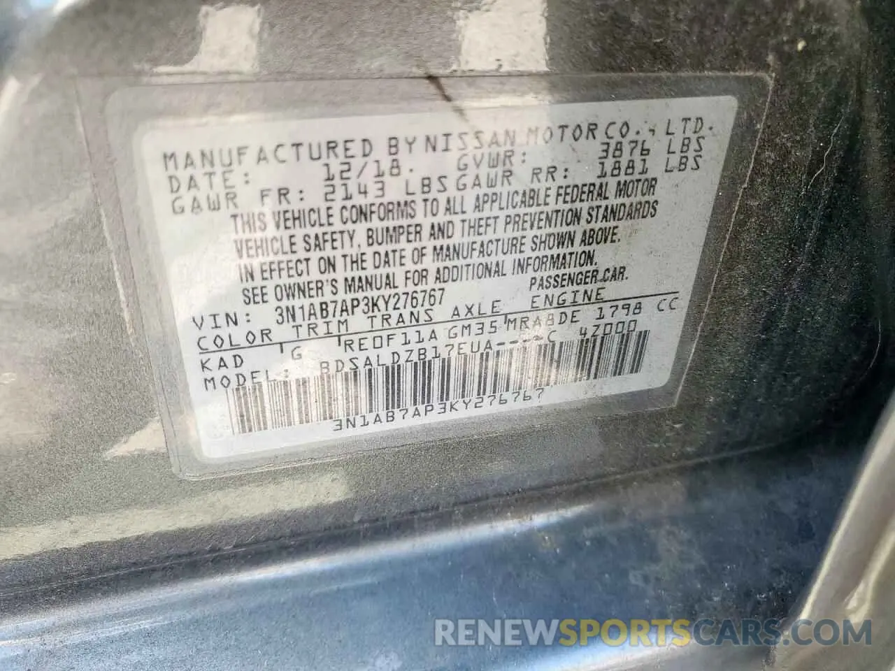 12 fotografías del automóvil dañado 3N1AB7AP3KY276767 NISSAN SENTRA 2019