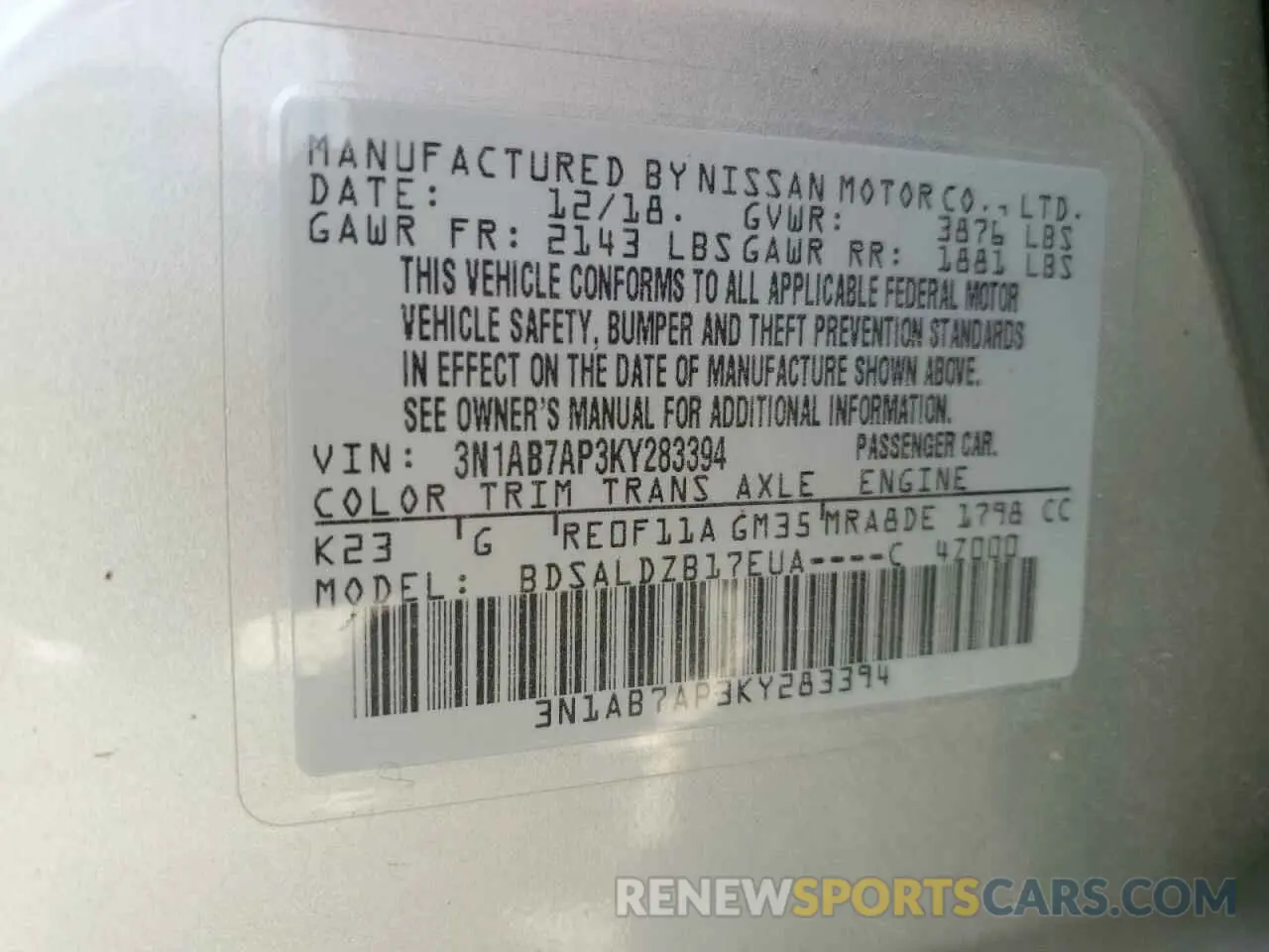 14 fotografías del automóvil dañado 3N1AB7AP3KY283394 NISSAN SENTRA 2019