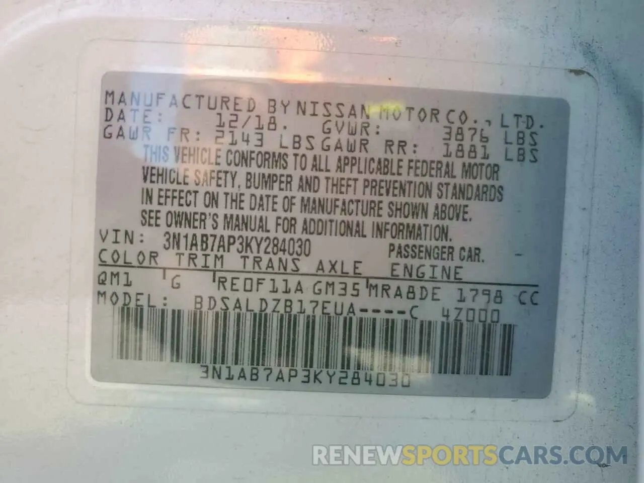 12 fotografías del automóvil dañado 3N1AB7AP3KY284030 NISSAN SENTRA 2019