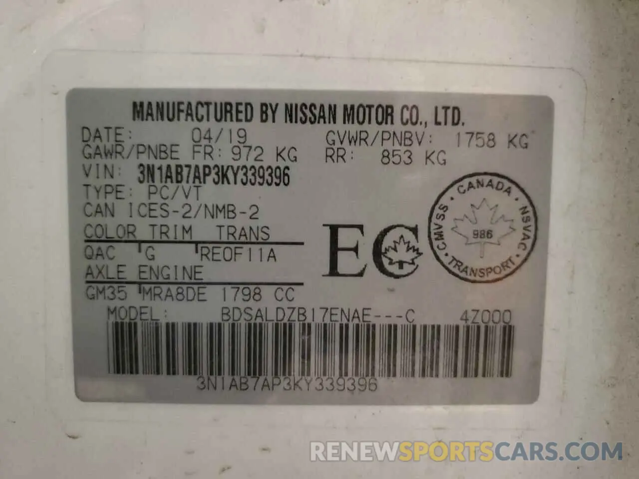 12 fotografías del automóvil dañado 3N1AB7AP3KY339396 NISSAN SENTRA 2019