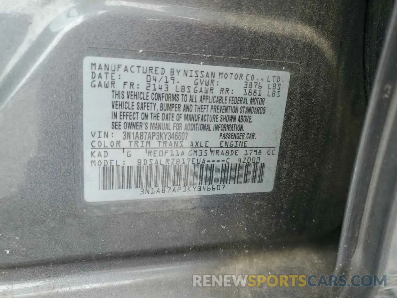 13 fotografías del automóvil dañado 3N1AB7AP3KY346607 NISSAN SENTRA 2019