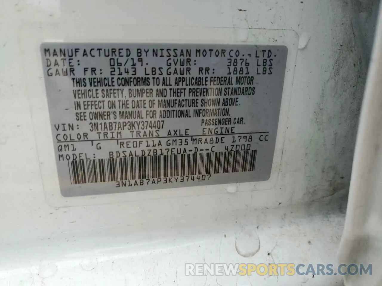 14 fotografías del automóvil dañado 3N1AB7AP3KY374407 NISSAN SENTRA 2019